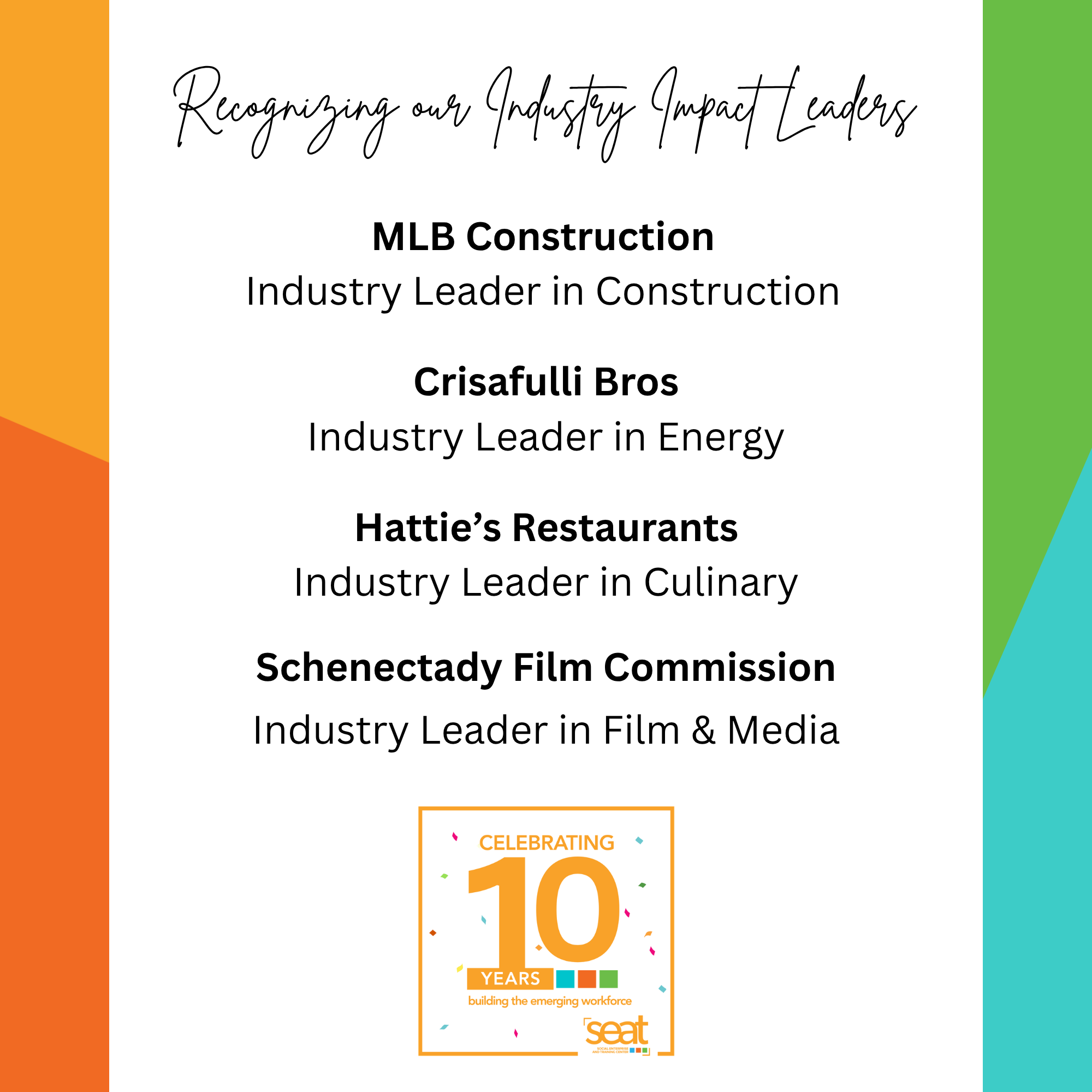 Recognizing SEAT Center's Industry Impact Leaders: MLB Construction: Industry Leader in Construction, Crisafulli Bros.: Industry Leader in Energy, Hattie's Restaurants: Industry Leader in Culinary, and Schenectady Film Commission: Industry Leader in Film & Media.